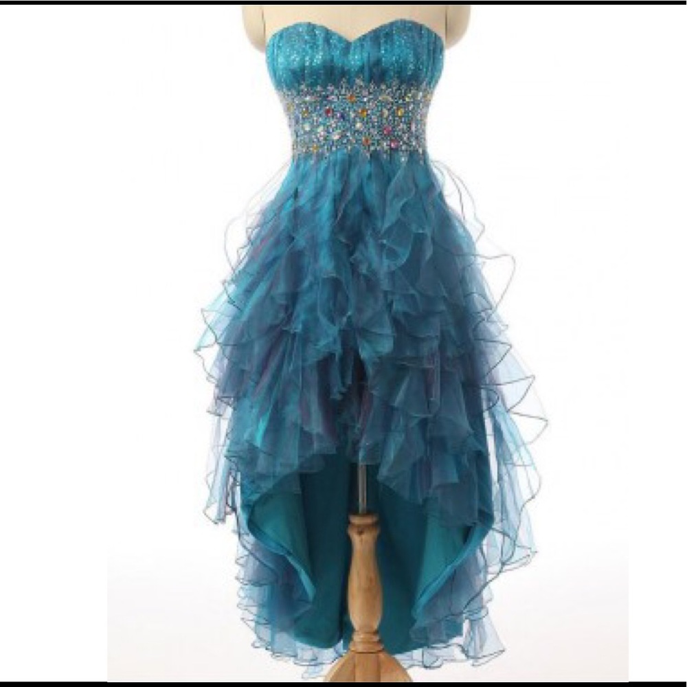 Teal High Low Strapless Dress.